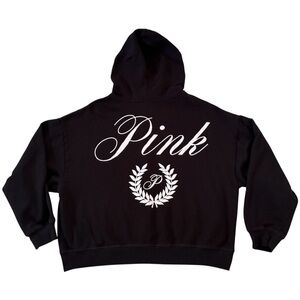 Pink-Victoria's Secret Black Cropped Zip Hoodie Size Large, Full Logo Back